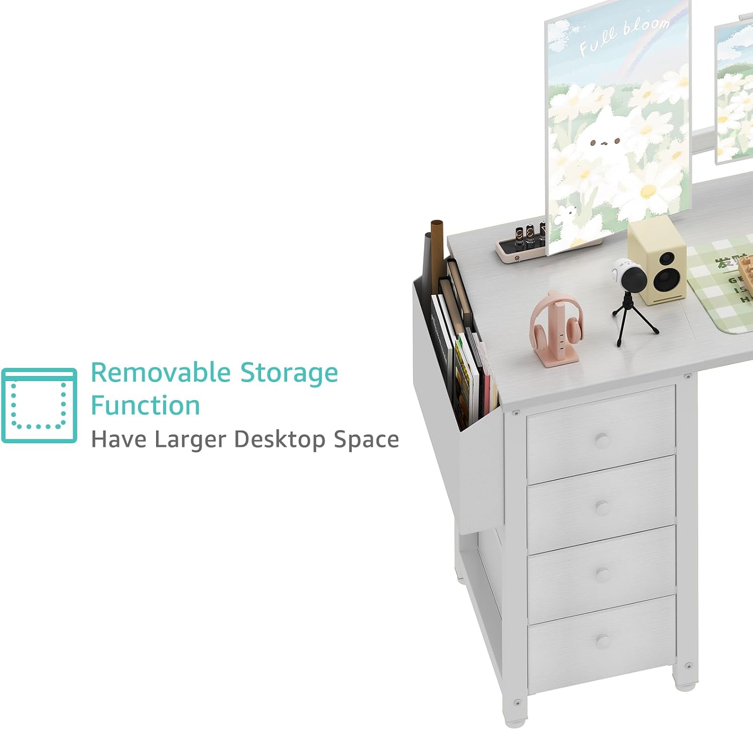 Lufeiya White L Shaped Desk with Drawers & Storage Shelves, 55 Inch Corner Computer Desk with Power Outlet for Home Office Bedroom, L-Shaped Teen PC Desks with Fabric Drawer, White