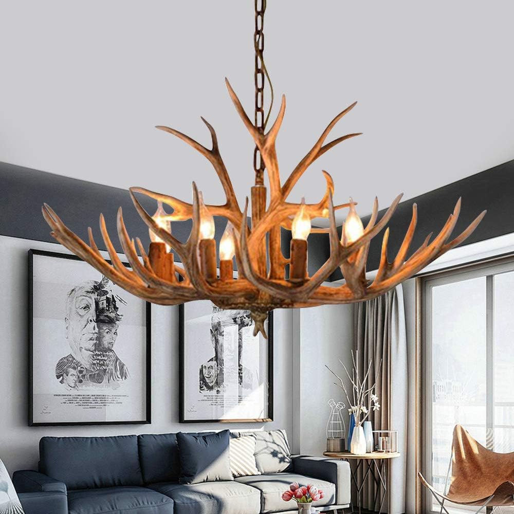 TFCFL 6-Light Antlers Chandelier, Retro Country Style Deer Horn Chandelier Lighting Height Adjustable E12 Base Pendant Light for Living Room Bedroom Kitchen Bar, Bulbs Not Included