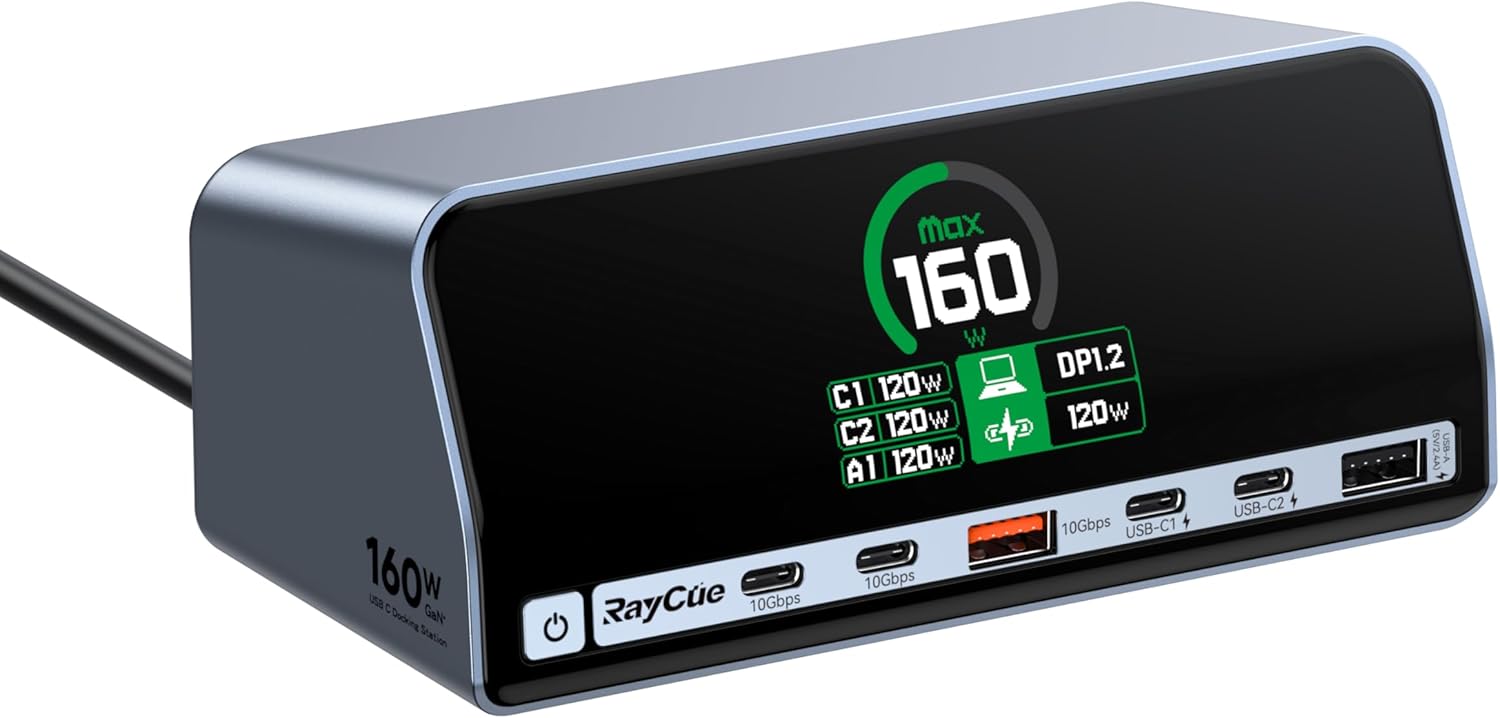 RayCue USB C Docking Station, 13-Port Dual 4K Display Laptop Docking Station with 160w Max USB-C Output, 2.26''LCD Smart Display, 10Gbps USB A/C Ports,Ethernet Ports for macOS and Windows