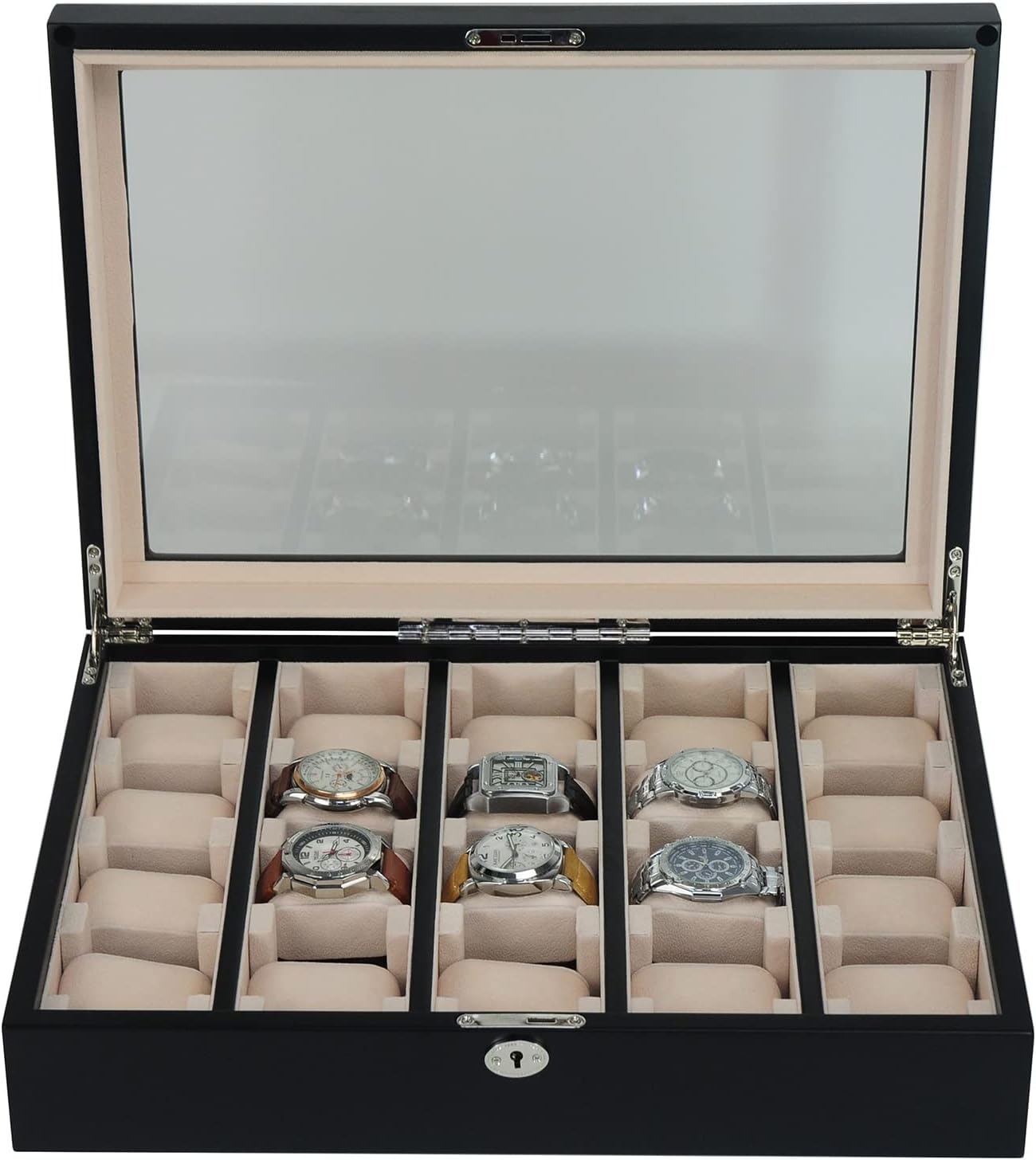 TIMELYBUYS 20 Piece Black Ebony Wood Watch Display Wall Hanging Case and Storage Organizer Box and Stand for Oversized Watches