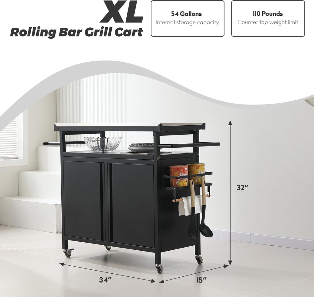 Nexaio XL Rolling Bar Grill Cart Outdoor Patio Furniture, Outdoor Grill Table with Stainless Steel Top for Kitchen Prep and Outdoor Storage Cabinet for Grilling Accessories, Black
