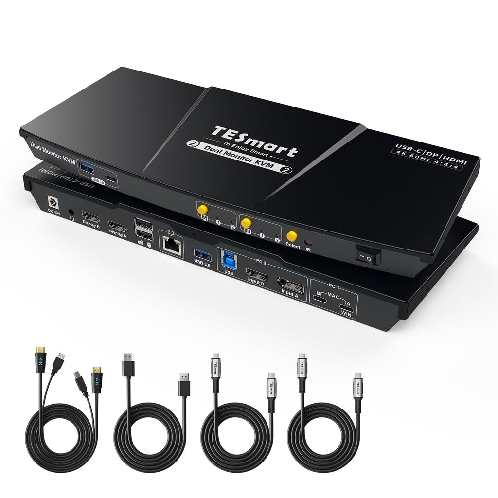 TESmart MST USB-C/HDMI/DP KVM Switch 2 Monitors 2 Computers, USB 3.0 KVM Dual Monitor for Laptop&Desktop, 4K@60Hz, 60W PD, Gigabit Network, Hotkey Switch, with Input Cables