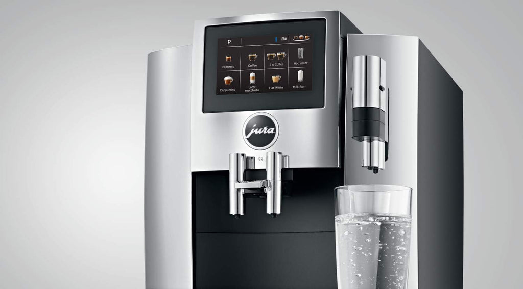 Jura S8 Automatic Coffee Machine, 64 ounces, Chrome & Glass Milk Container, Clear
