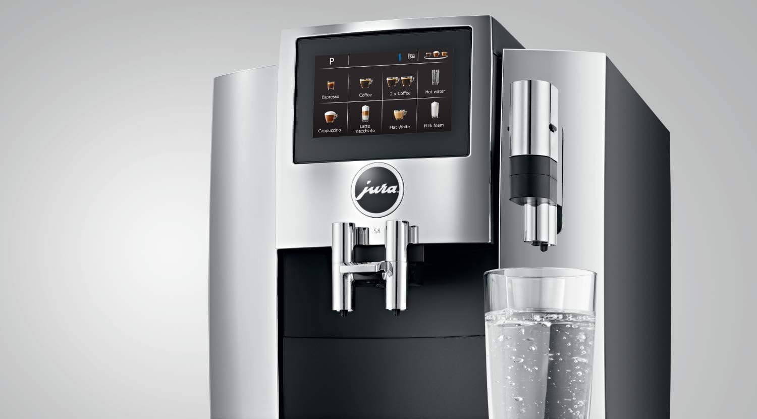 Jura S8 Automatic Coffee Machine, 64 ounces, Chrome & Glass Milk Container, Clear