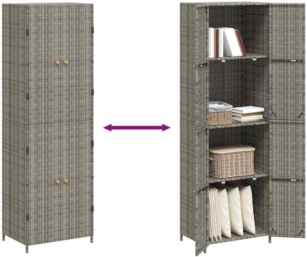 vidaXL Wooden Garden Storage Cabinet, Durable Poly Rattan, Water-Resistant, 4 Compartments, Outdoor Storage Cabinet, Powder-Coated Steel Frame, Solid Acacia Wood Knobs, 23.2'x15.7'x70.9', Gray