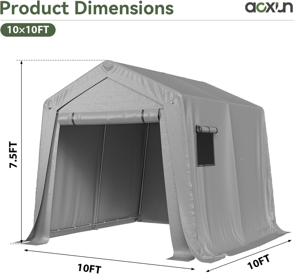 Aoxun 10x10 FT Outdoor Portable Storage Shed Tent with Roll-up Zipper Door and Window Portable Carport with Waterproof Tarp Galvanized Steel for Motorcycle, Generator, Bike Storage (Gray)