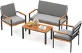 Tangkula 4 Pieces Patio Furniture Set, Outdoor Conversation Set with Acacia Wood Coffee Table, Cushioned Loveseat & 2 Single Armrest Chairs, for Porch, Garden, Backyard, Poolside
