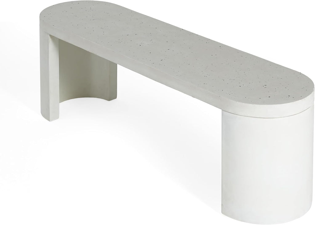 Christopher Knight Home Vicla 3 Pieces Durable Concrete Outdoor Dining Set with Stylish Terrazzo Finish, Patio Dining Table with 2 Benches, Oval Outdoor Patio Furniture Set with Pedestal Base, White