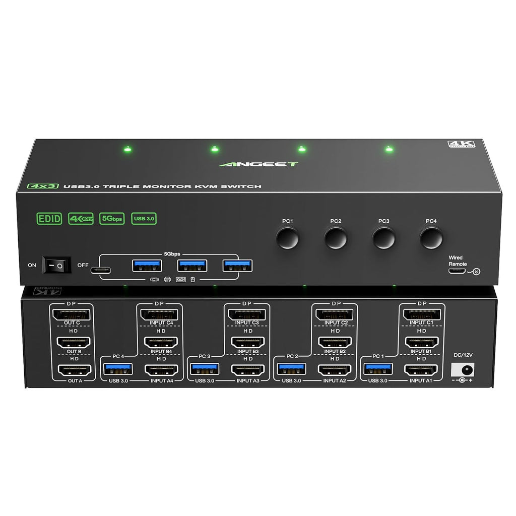 KVM Switch 3 Monitors 4 Computers 4K@60Hz EDID Simulation, 2 HDMI+Displayport KVM Switch Triple Monitor for 4 Computer Share 3 Monitor and 4 USB3.0 Ports, Wired Remote and 4 USB Cables Included