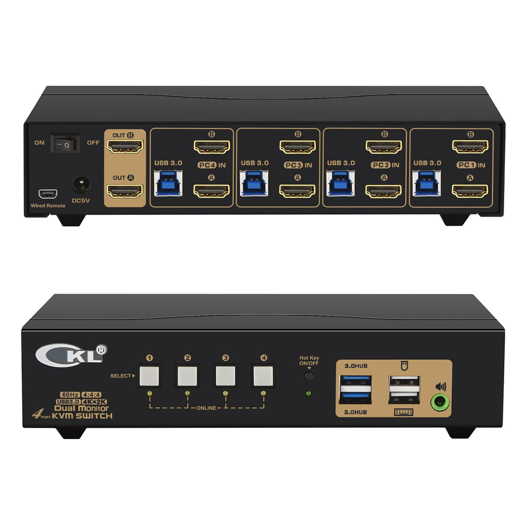 Dual Monitor KVM Switch HDMI 4K@60Hz for Home and Office to Console Desktops/Laptops, Support USB 3.0, Hot Key, Audio, Wireless Keyboard and Mouse (4 Computers 2 Monitors 942HUA-3)
