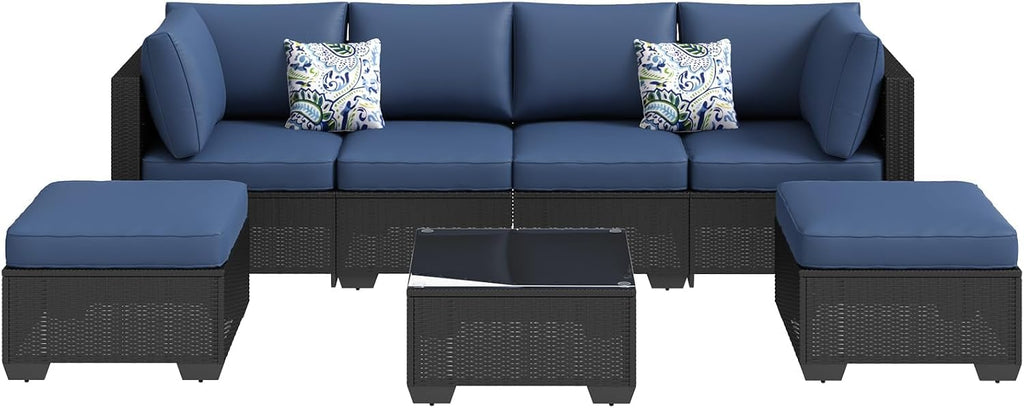 AECOJOY 7 Piece Outdoor Patio Furniture Set, Outdoor Sectional Conversation Furniture Chair with Coffee Table, Patio Sectional for Backyard, Garden(Navy Cushions and Black Rattan)