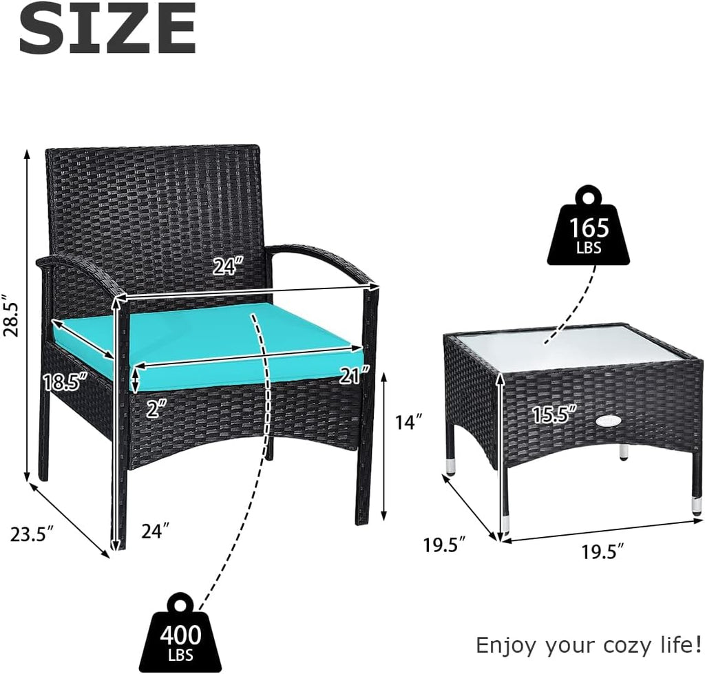 HAPPYGRILL 3 Pieces Patio Furniture Conversation Set, Outdoor Rattan Wicker Bistro Set with Glass Coffee Table & Soft Cushions for Balcony Garden Poolside