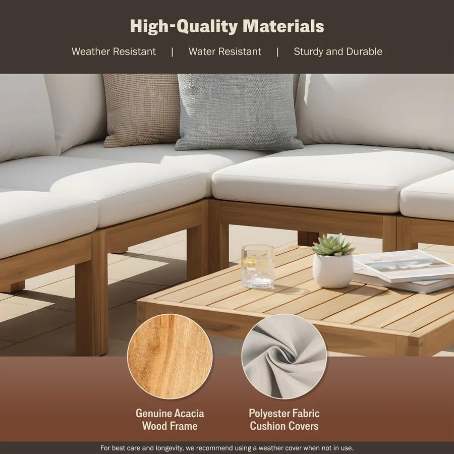 5-Piece Acacia Wood Outdoor Furniture Set, All-Weather Conversational Chat Set with Thick Water-Resistant Cushions, Modern Space-Saving Patio Sofa for Small Balcony, Deck & Backyard, Natural
