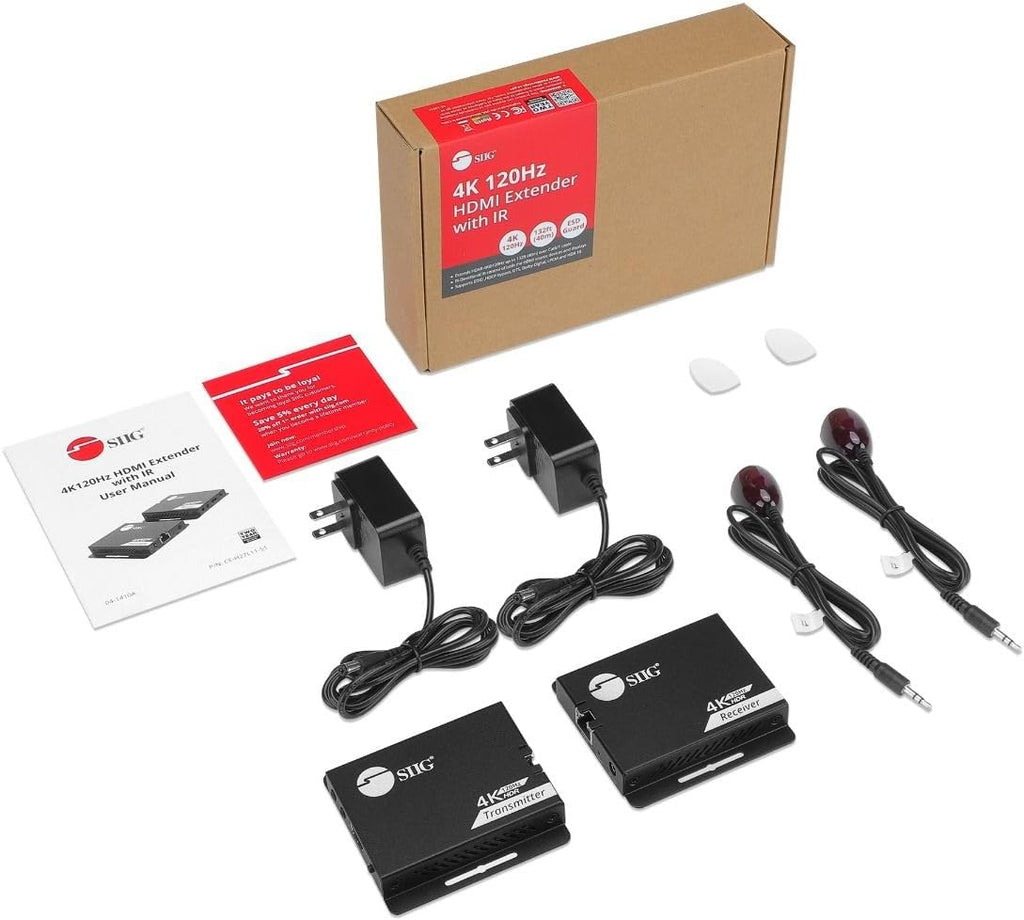 SIIG 4K 120Hz HDMI Extender Over CAT6/7 – Up to 132ft (40M), 4K @120Hz, Dual IR, 32Gbps, HDR10, HDCP 2.3, DSC 1.2a, EDID, Near Zero Latency (CE-H27L11-S1)