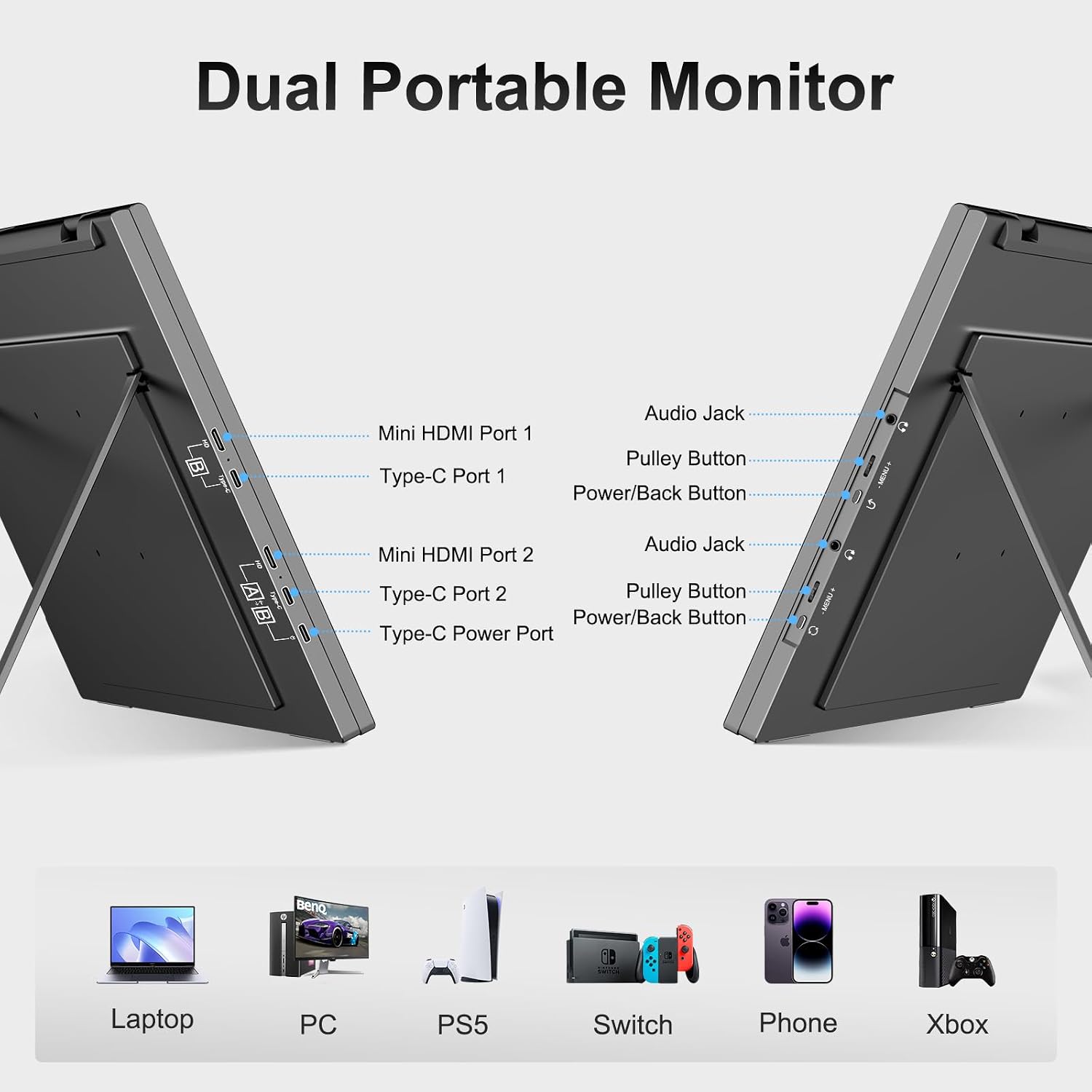 Dual Portable Monitor, 18.5' 1080P FHD IPS Folding Stacked Triple Laptop Screen Extender, USB-C Plug & Play Travel Extended Computer Display for Laptop PC Windows Mac w/Stand & VESA Mountable