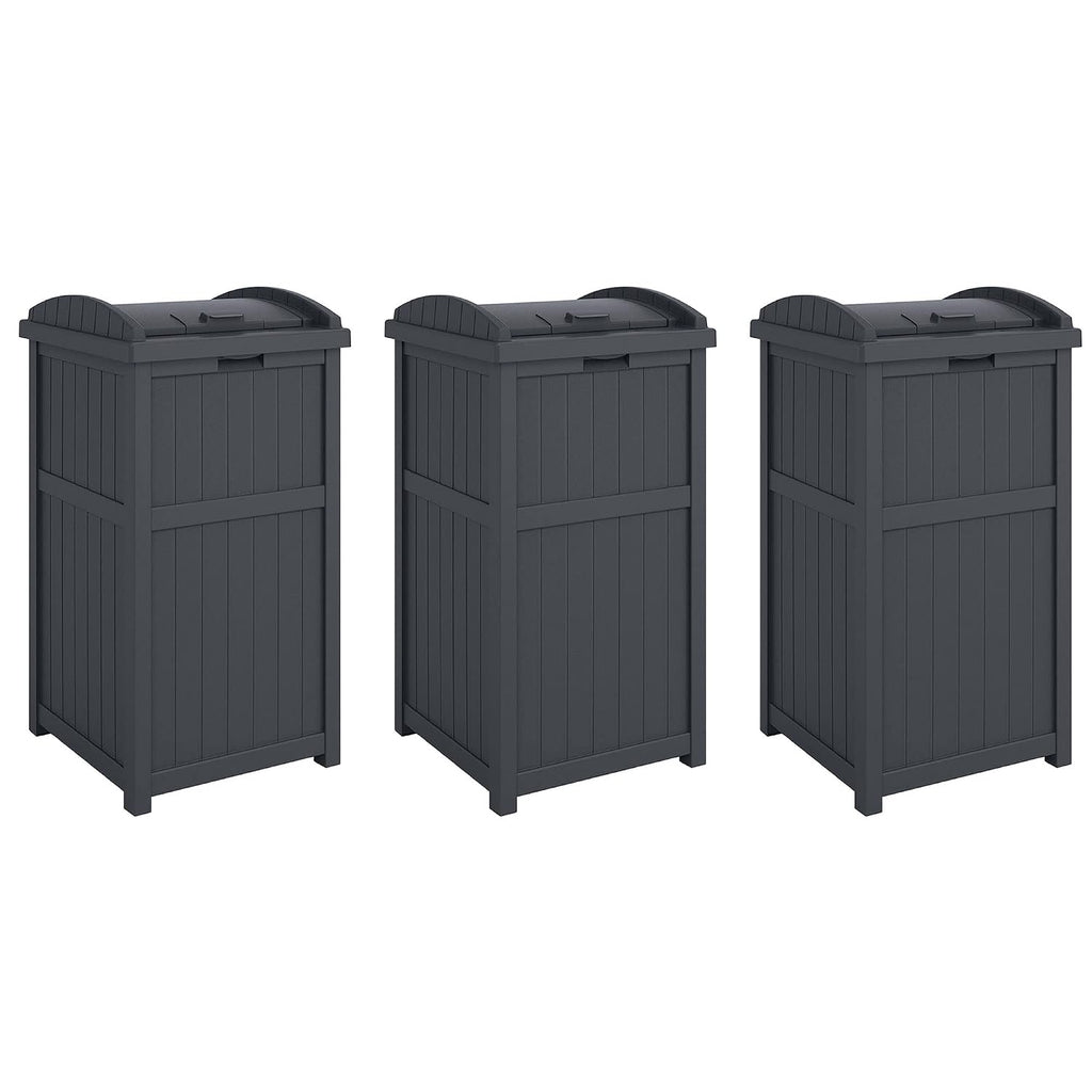 Suncast 3 Pack Trash Hideaway Refuse Container, Stylish Resin Outdoor Garbage Bin with Latching Lid, 30 to 33 Gallon Capacity, Cyberspace