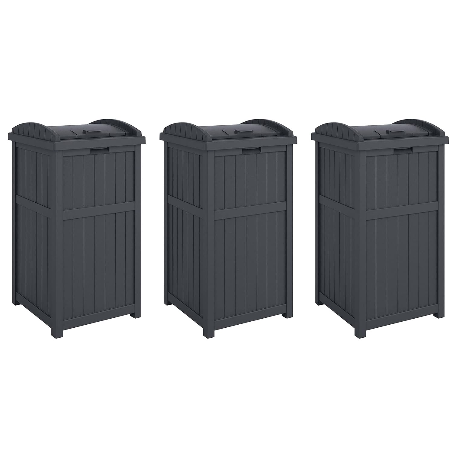 Suncast 3 Pack Trash Hideaway Refuse Container, Stylish Resin Outdoor Garbage Bin with Latching Lid, 30 to 33 Gallon Capacity, Cyberspace