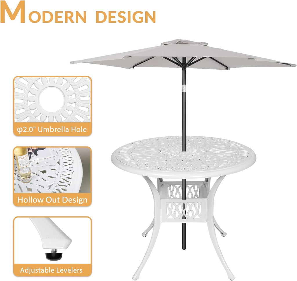 5-Piece Outdoor Patio Dining Set, All-Weather Cast Aluminum Patio Furniture Set for Backyard Garden Deck with 4 Chairs, 4 Cushions and 35.4' Round Table, 2.2' Umbrella Hole, White