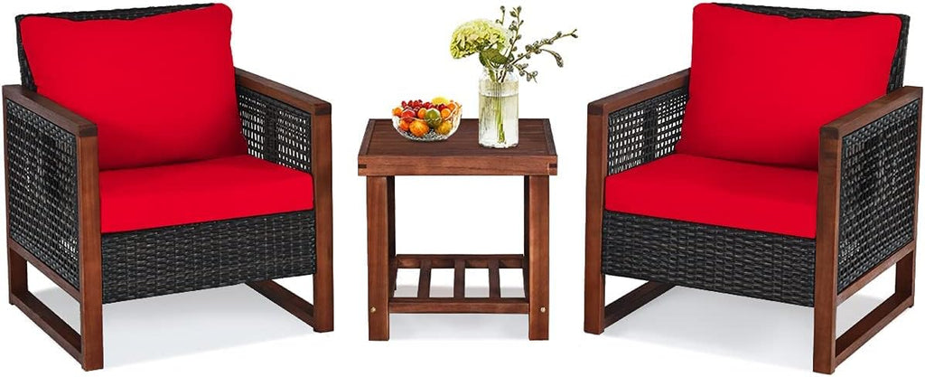 HAPPYGRILL 3-Pieces Outdoor Patio Furniture Set Wicker Chairs with Coffee Table Balcony Porch Furniture Bistro Set with Acacia Wood Frame and Washable Cushions for Garden Poolside Backyard