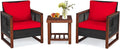 HAPPYGRILL 3-Pieces Outdoor Patio Furniture Set Wicker Chairs with Coffee Table Balcony Porch Furniture Bistro Set with Acacia Wood Frame and Washable Cushions for Garden Poolside Backyard