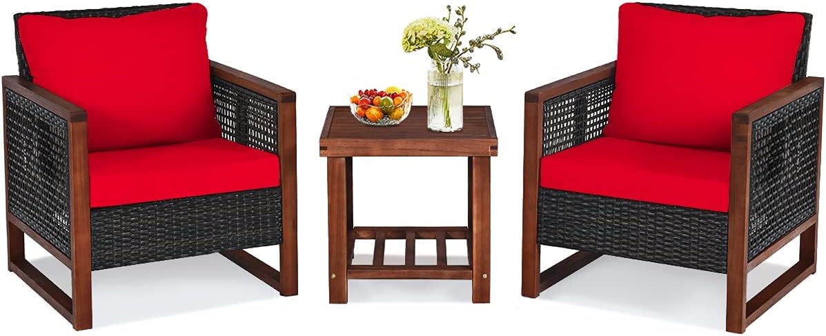 HAPPYGRILL 3-Pieces Outdoor Patio Furniture Set Wicker Chairs with Coffee Table Balcony Porch Furniture Bistro Set with Acacia Wood Frame and Washable Cushions for Garden Poolside Backyard