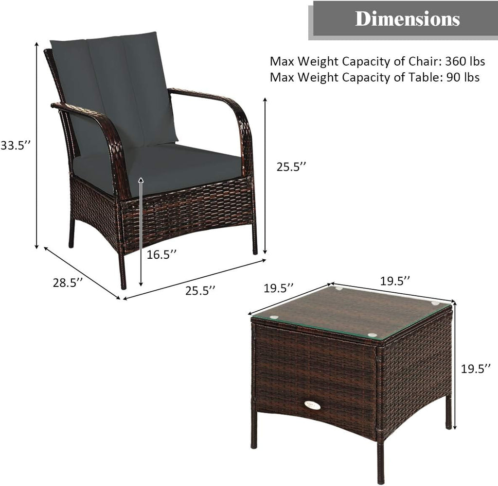 Tangkula 3 Piece Patio Furniture Set, 2 Wicker Chairs with Glass Top Coffee Table, Outdoor Garden Porch Poolside Furniture Set for 2, Rattan Conversation Set