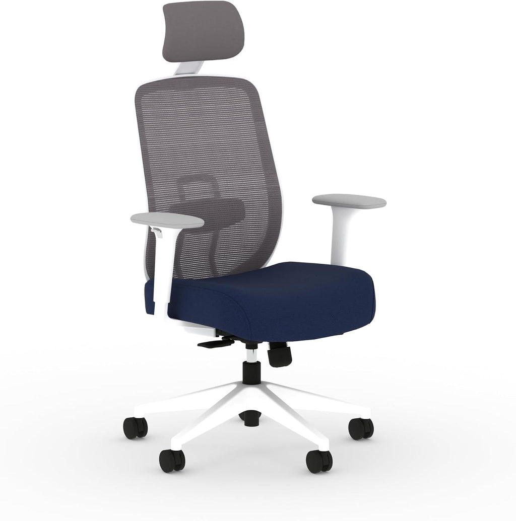 HON Altern Ergonomic Office Chair with Headrest, Mid‑Back Mesh Desk Chair, Adjustable Arms, Seat Slide, Synchro‑Tilt, Rolling Computer Seat for Home Office, White Frame, Indigo