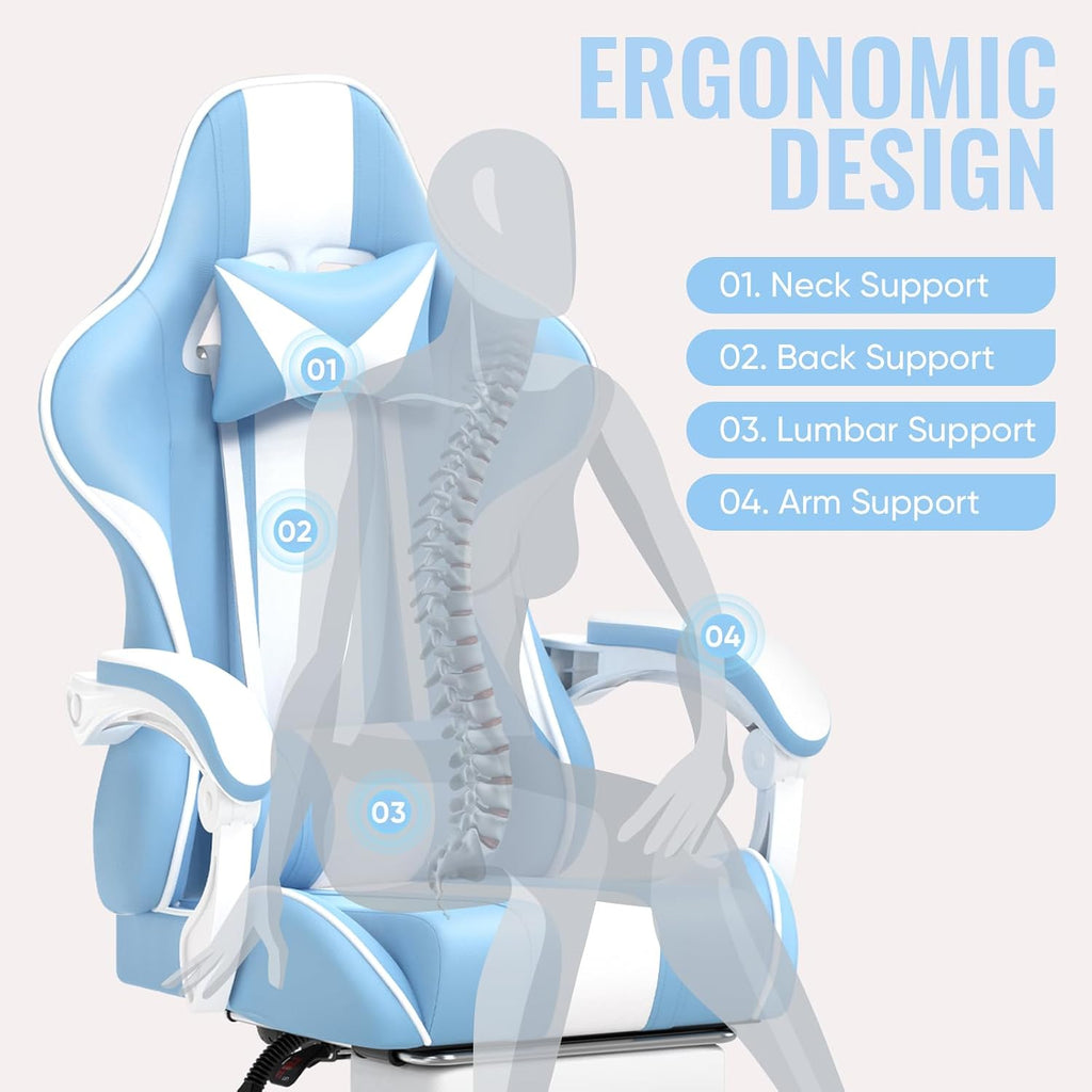 Ferghana Gaming Chairs, Ergonomic Racing Style PC Game Computer Chair with Headrest Lumbar Support Adjustable Recliner PU Leather Video Computer Chair(Light Blue)