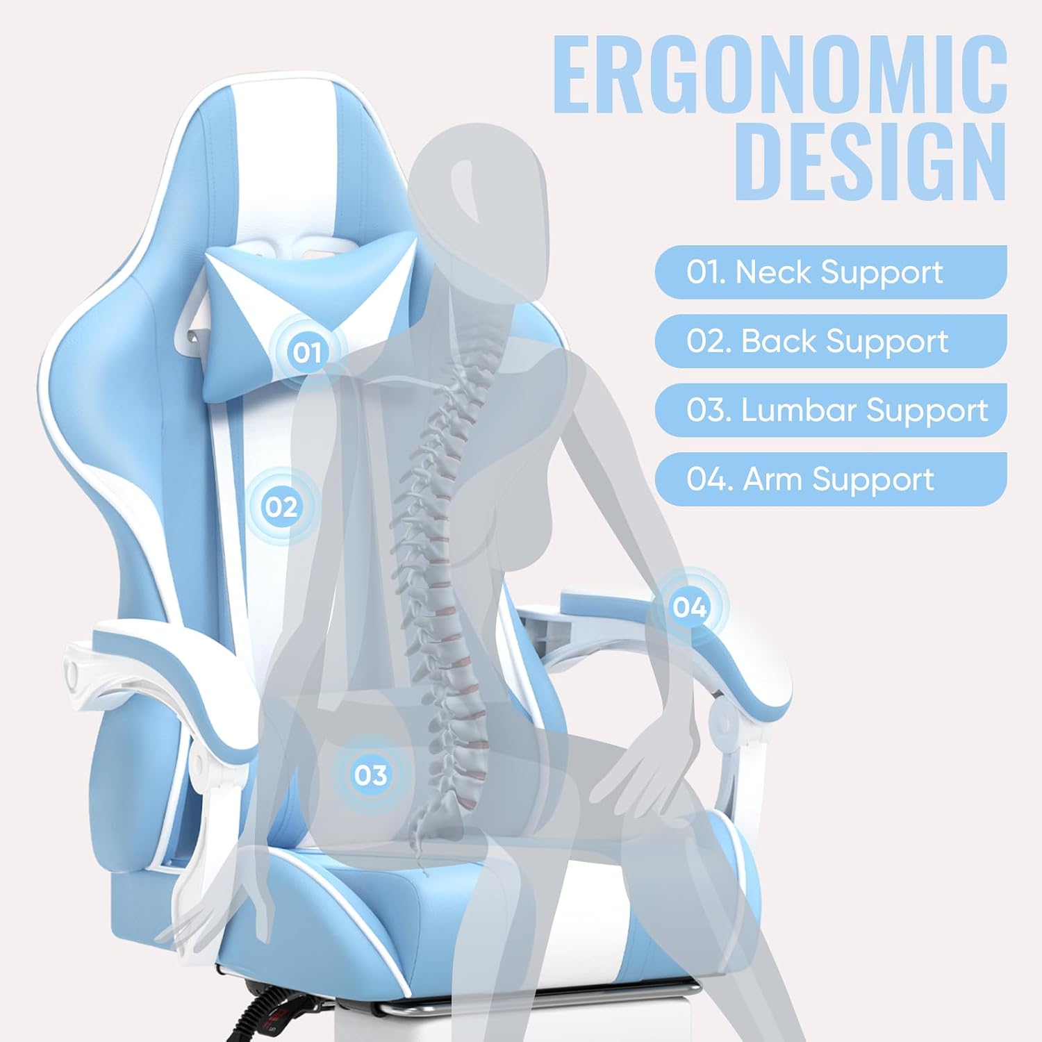 Ferghana Gaming Chairs, Ergonomic Racing Style PC Game Computer Chair with Headrest Lumbar Support Adjustable Recliner PU Leather Video Computer Chair(Light Blue)