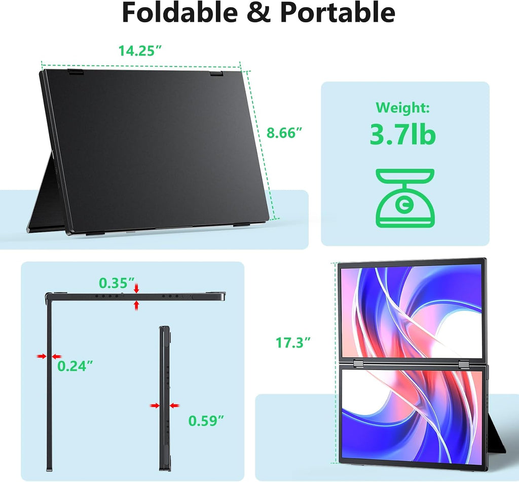 MAGICRAVEN Portable Dual Monitor for Laptop, Foldable Laptop Screen Extender, Plug & Play No Driver, 1080P FHD IPS Triple Screen for Travel & Office, Compatible with Mac, Windows - 15.6'