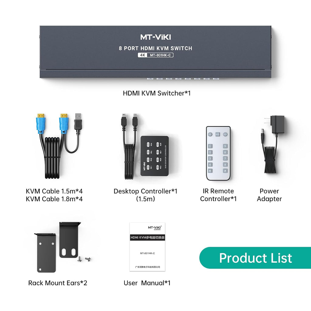 MT-VIKI 8 Port KVM Switch HDMI, 4K@30Hz 1U Rack Mount KVM Switch w/IR Remote & Wire-Desktop Controller & 8 HDMI KVM Cables & Rack Ears & Power Adapter