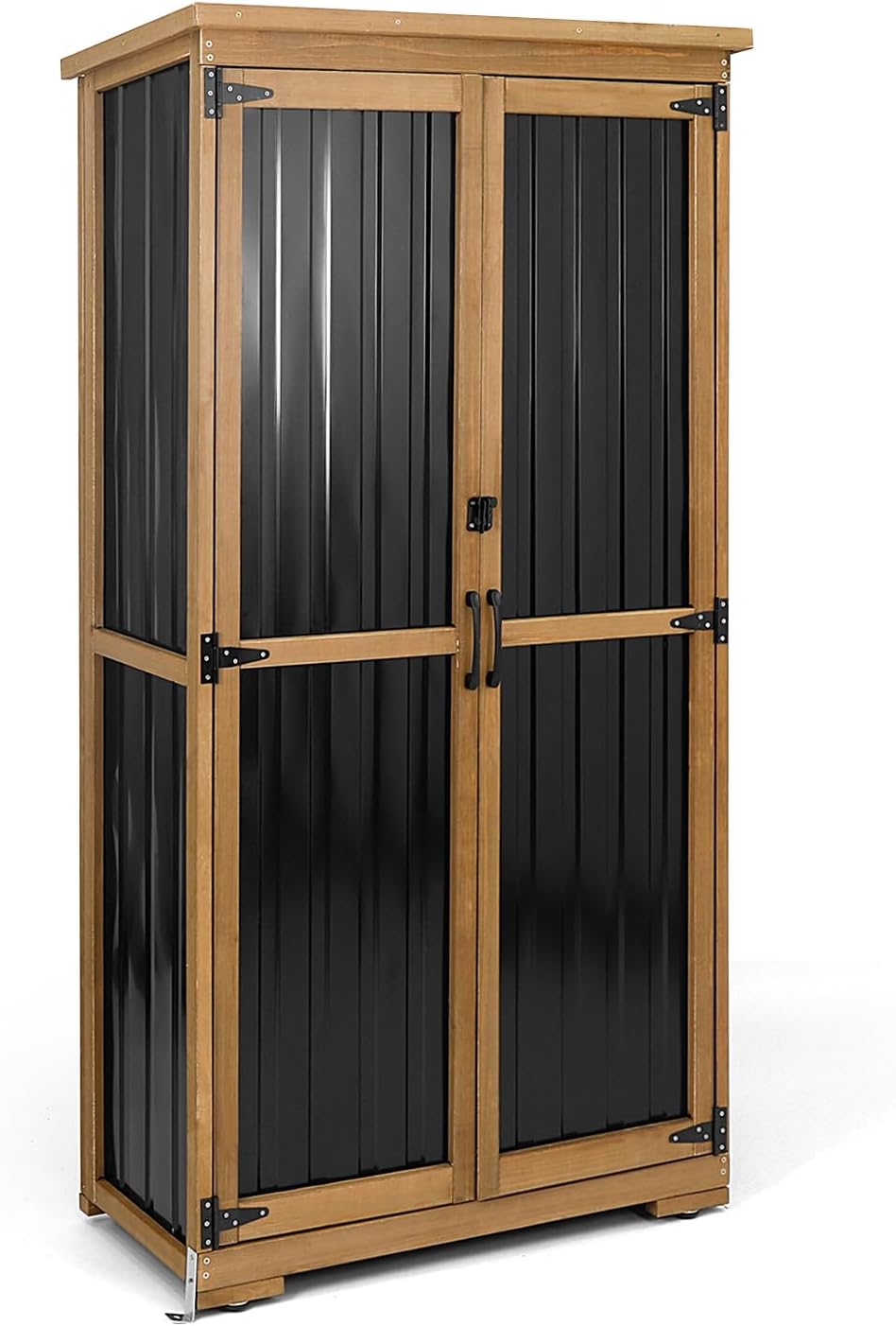 PetsCosset Outdoor Storage Cabinet, Wood & Metal Storage Shed with Weather-Resistant Roof, Removable Shelves, Lockable Doors, Outside Storage Tool Organizer for Garden, Patio, Backyard, Garage, Pool
