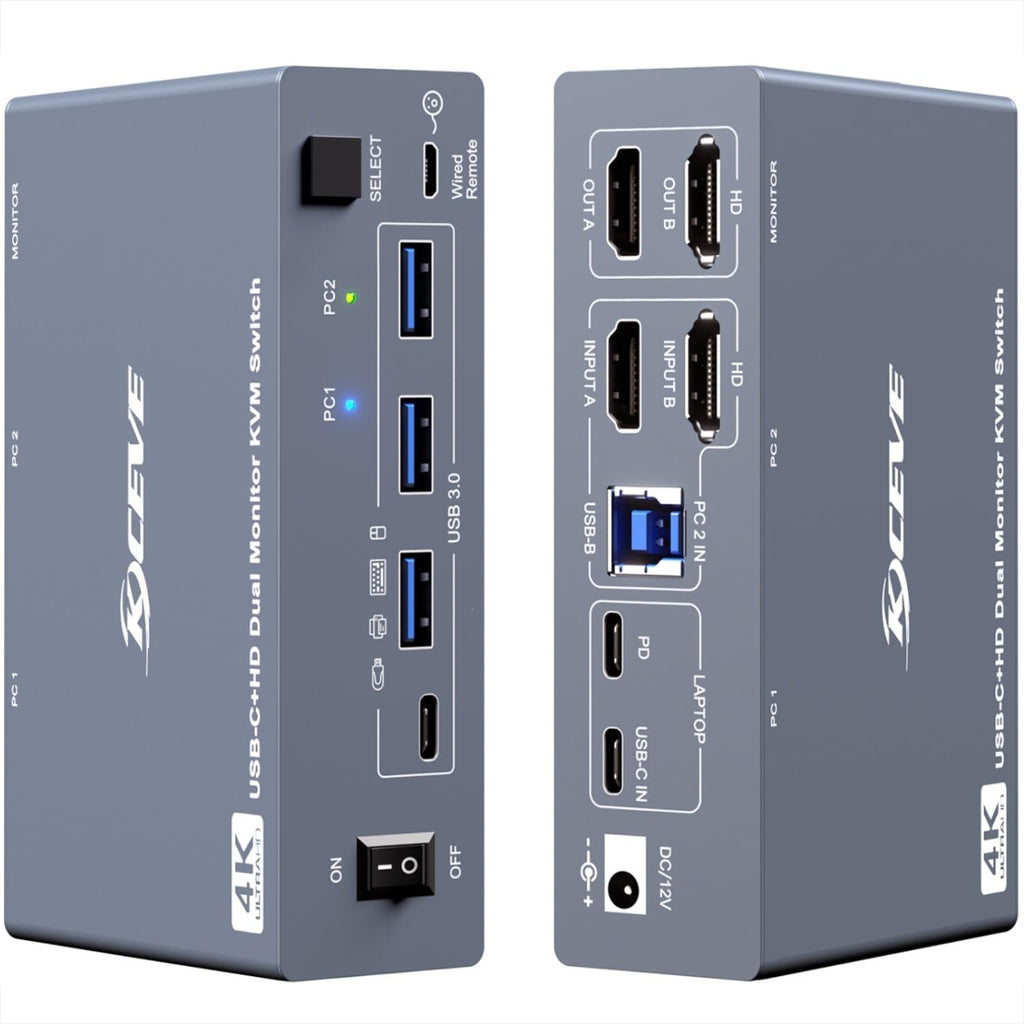 4 Port HDMI KVM Switch 2 Monitors 4 Computers 4K@60Hz EDID Simulation,Dual Monitor KVM Switch with 4 USB 3.0 Ports for USB Peripherals,Audio,RS232,with Wired Remote,12V Power and 4 USB Cables