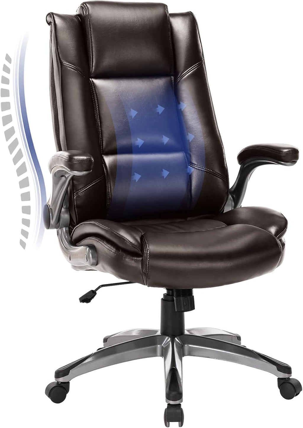 MALOL Leather Executive Office Chair - High Back Home Computer Desk Chair with Padded Flip-up Arms, Adjustable Tilt Lock, Swivel Rolling Ergonomic Chair for Adult Working Study, Brown