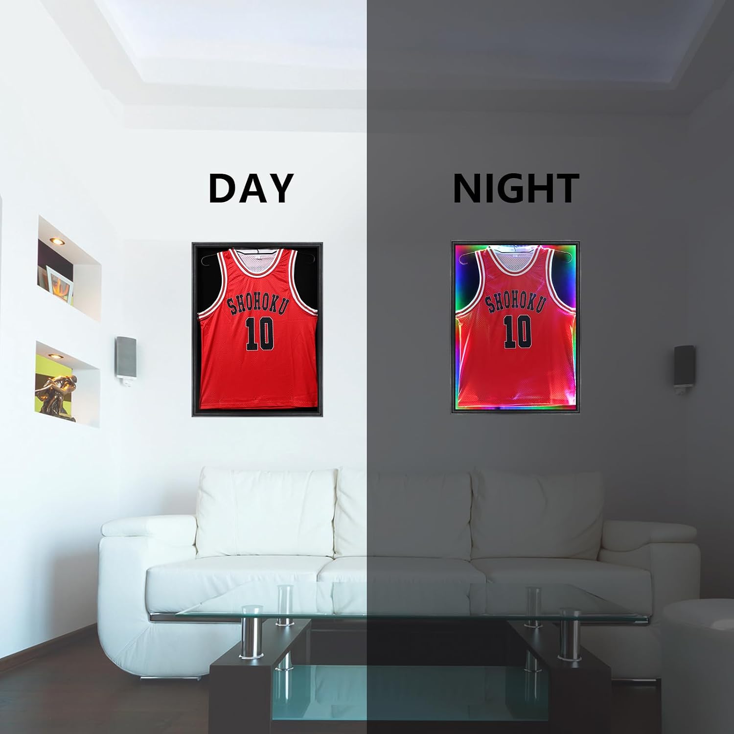 Grintus Jersey Frame Display Case,Lockable With Colorful Led Lights Display Box For Jersey Display With UV Protection Acrylic And Hanger For Baseball Basketball Football Hockey Sport Shirt,Black-3Pack