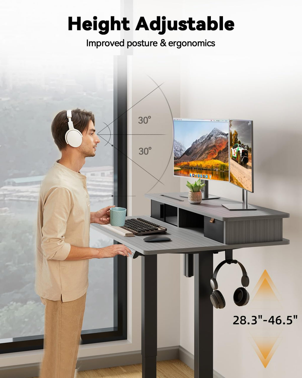 JOY worker Small Electric Standing Desk, 35' x 25' Height Adjustable Table with Built-in Monitor Stand & Storage Drawer, Grey Sit Stand Desk with 2 Hooks for Home Office