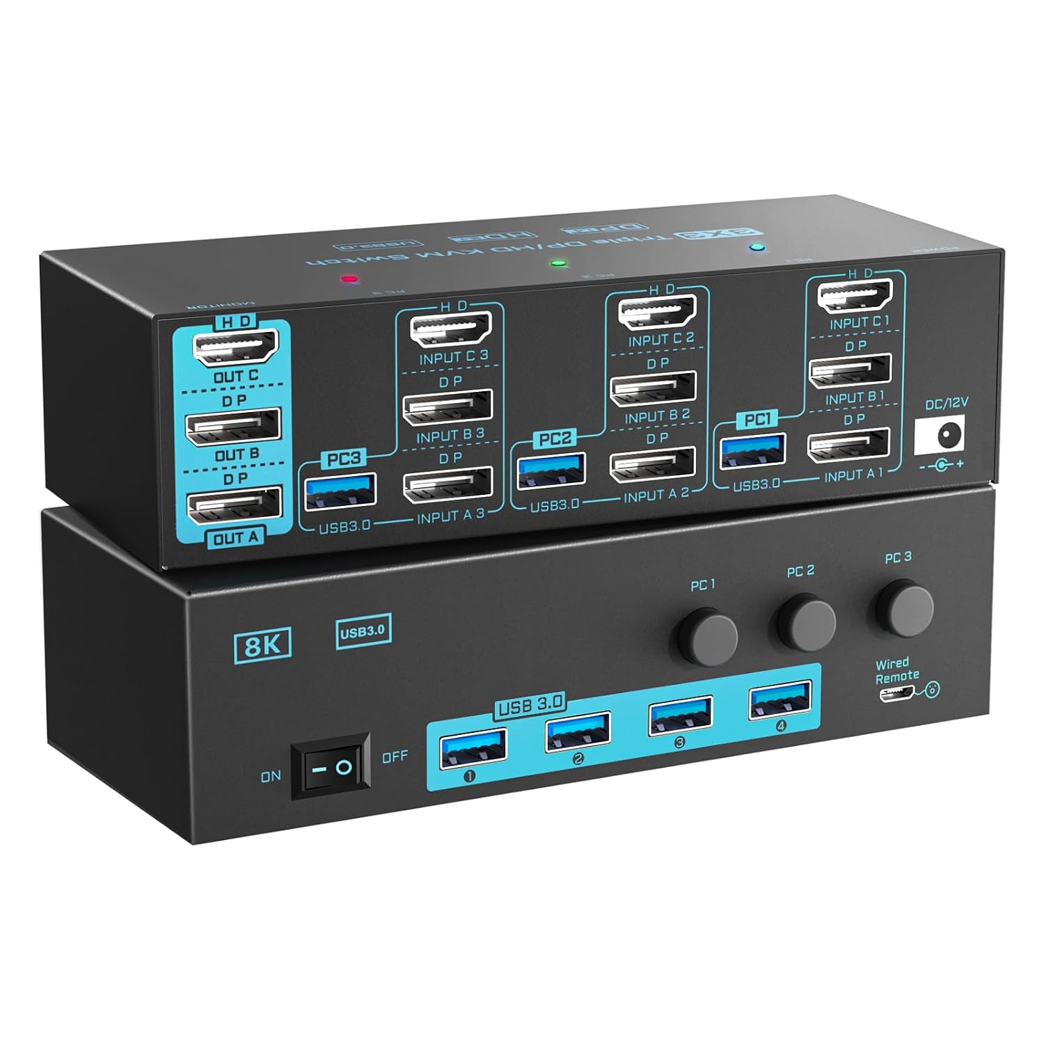 8K/4K KVM Switch 3 Monitors 3 Computers Triple Monitor 3 Port 2 Displayport 1.4 and HDMI 2.1 USB 3.0 KVM Switches, DP 1.4 Supports 8K@30Hz/4K@144Hz, HDMI Supports 8K@60Hz /4K@120Hz with Wired Remote