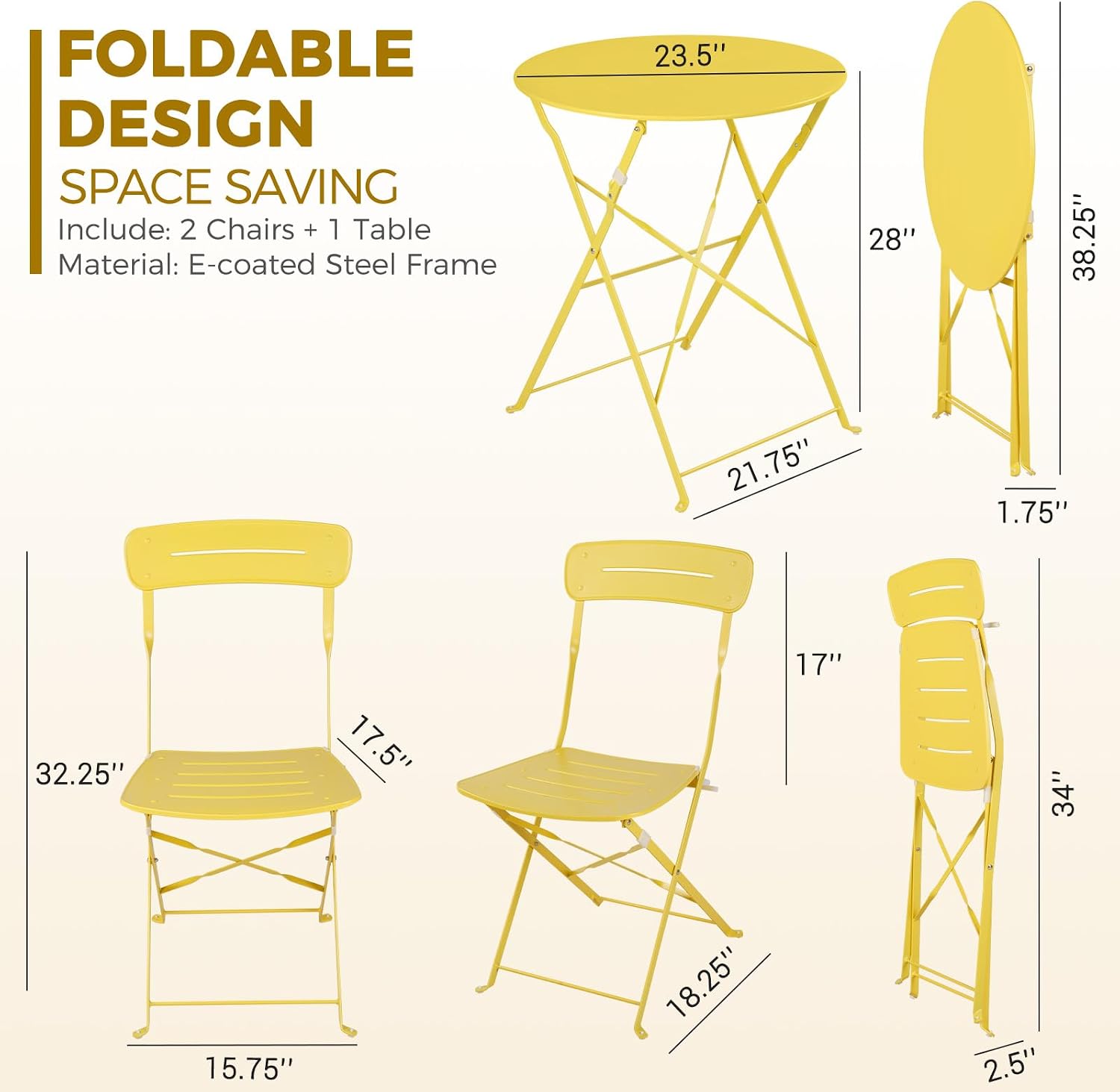 Grand patio Premium Frame Patio Bistro Set, Colorful Folding Outdoor Patio Furniture Sets, 3-Piece Patio Table and Chair Set, Yellow