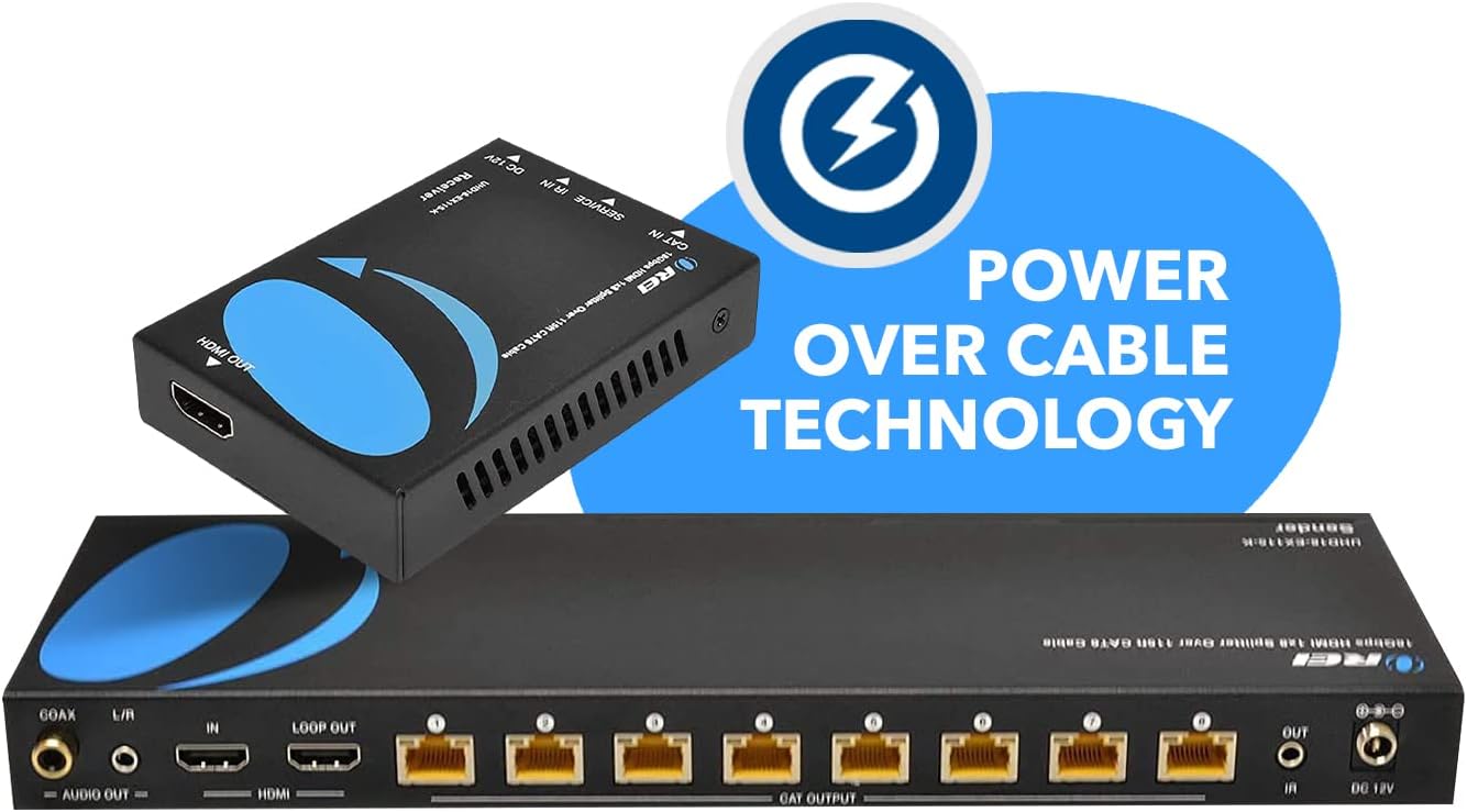 OREI 4K 1x8 HDMI Extender Splitter, Multiple Over Single Cable CAT6/7 4K@60Hz 4:4:4 HDCP 2.2 with IR Remote EDID Management - Up to 115 Ft - Loop Out - Low Latency - Full Support