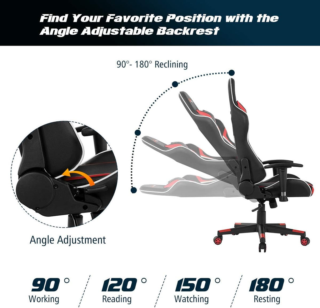 POWERSTONE Gaming Chair - Office Computer Gaming Racing Chair with Lumbar Massager Support PU Leather Adjustable Arms Headrest High-Back Recliner Ergonomic Rolling Swivel (Red)