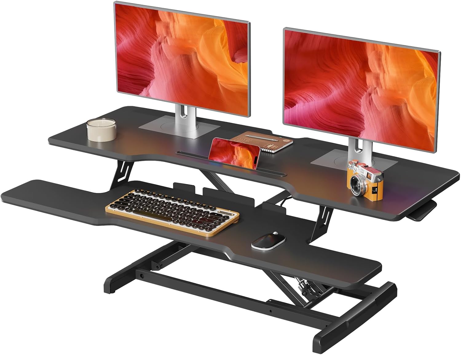 42 inch Standing Desk Converter, Height Adjustable Desktop Standing Desk with Keyboard Tray for Two Monitors, Sit to Stand up Desk Riser Computer Workstation for Home Office, Black
