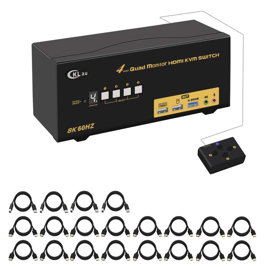 4x4 Quad Monitor KVM Switch 4 Monitors 4 Computers with Cables, Audio, Microphone, USB 3.0 Hub Supports 8K@60Hz, 4K@144Hz, Emulation EDID, Hotkey Switching, HDMI 2.1