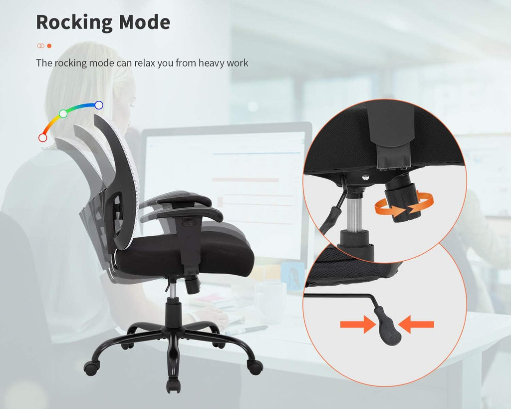 Big and Tall Office Chair 400lbs Desk Chair Mesh Computer Chair with Lumbar Support Wide Seat Adjust Arms Rolling Swivel High Back Task Executive Ergonomic Chair,White