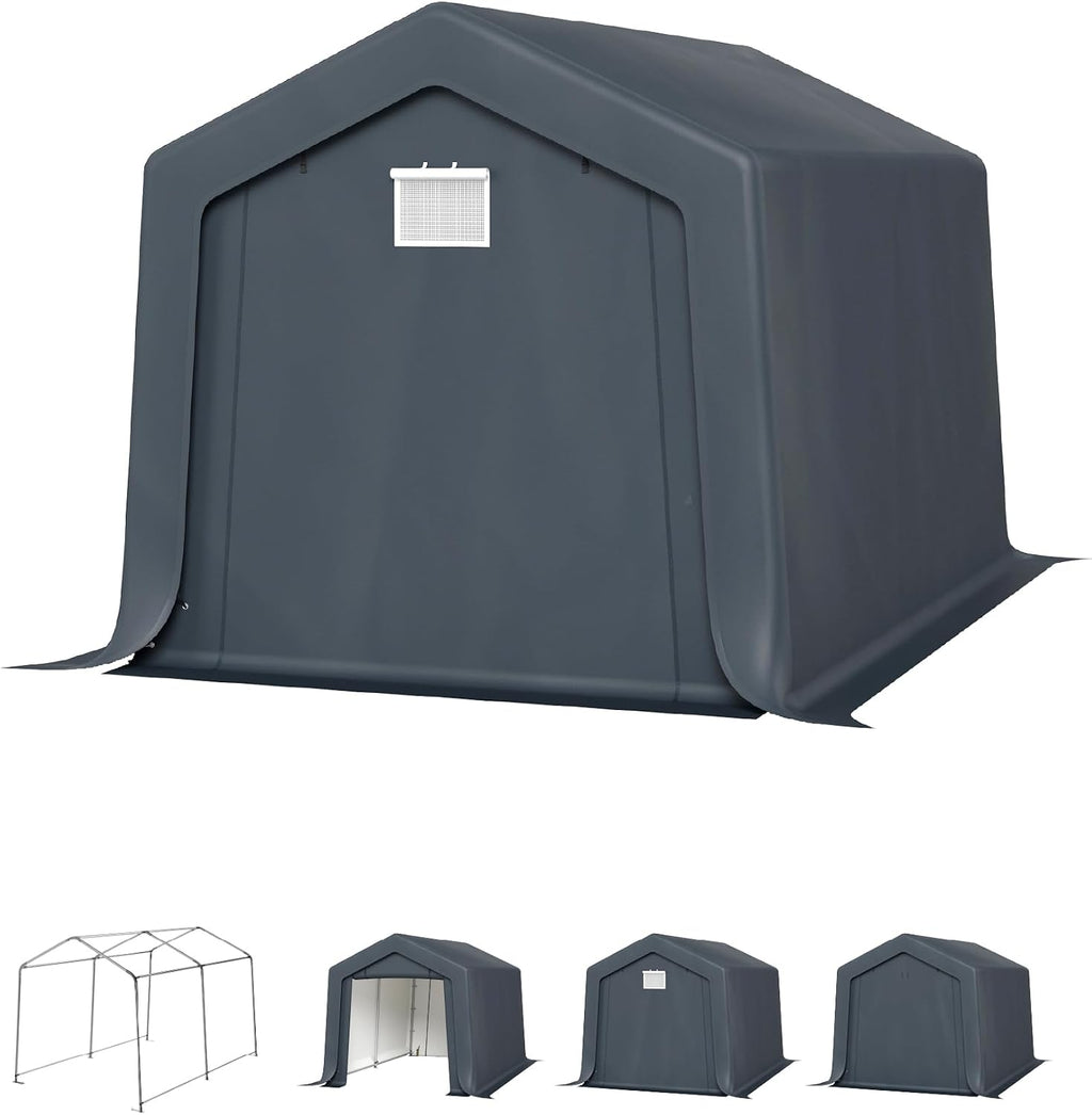PHI VILLA 8x12ft Storage Shelter Shed, Portable Carports Outdoor Garage Canopy with Roll up Zipper Doors & Vents Waterproof UV Resistant Garages Tent for Cars,Boats,Tools, Motorcycle, Gray