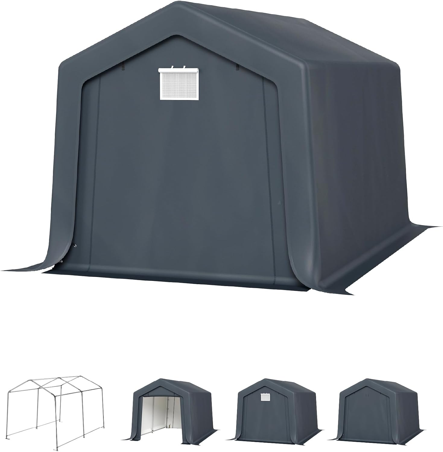 PHI VILLA 8x12ft Storage Shelter Shed, Portable Carports Outdoor Garage Canopy with Roll up Zipper Doors & Vents Waterproof UV Resistant Garages Tent for Cars,Boats,Tools, Motorcycle, Gray