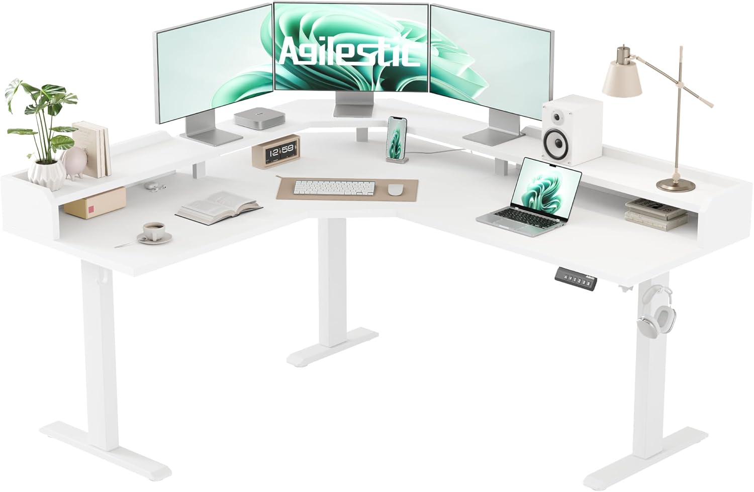 Agilestic L Shaped Standing Desk, Adjustable Height Corner Gaming Desk with Shelf, Sit Stand Up Desk, 63 x 55 Inch Home Office Computer Table, White