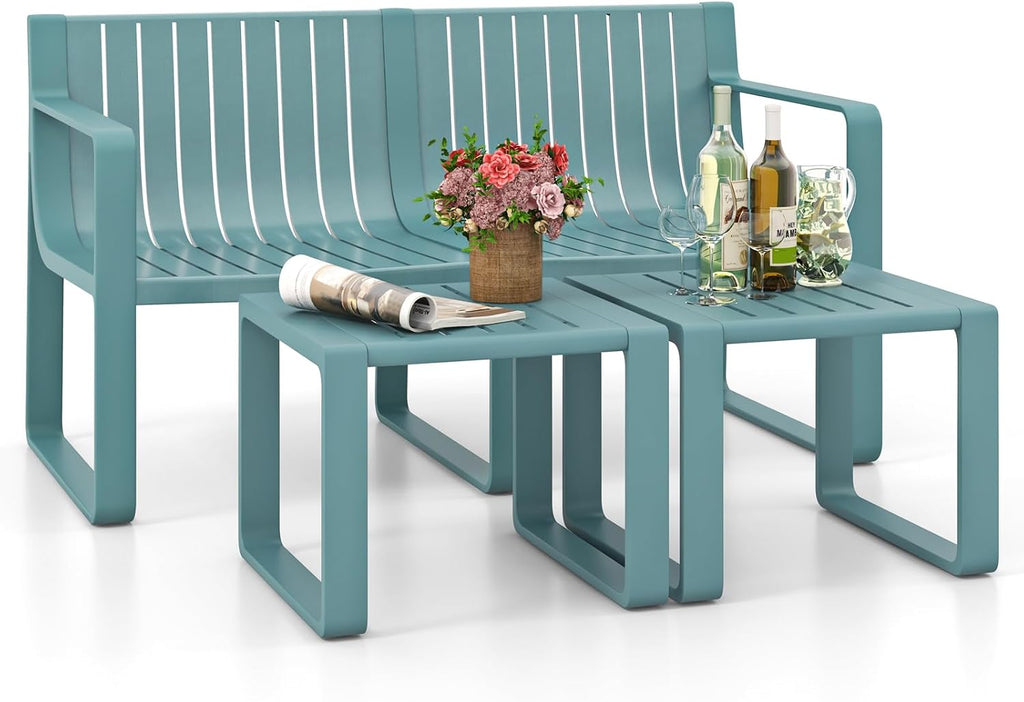 Tangkula 3-Piece Patio Furniture Set, Outdoor Conversation Set w/1 Loveseat & 2 Side Tables, All-Weather Patio Bistro Set for Lawn, Backyard, Poolside, Balcony, Garden, Deck, Blue