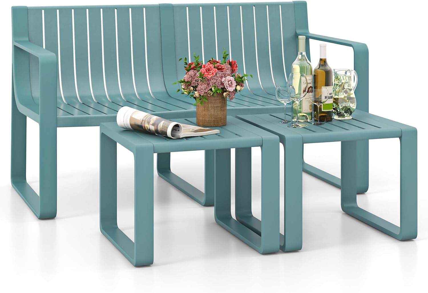 Tangkula 3-Piece Patio Furniture Set, Outdoor Conversation Set w/1 Loveseat & 2 Side Tables, All-Weather Patio Bistro Set for Lawn, Backyard, Poolside, Balcony, Garden, Deck, Blue