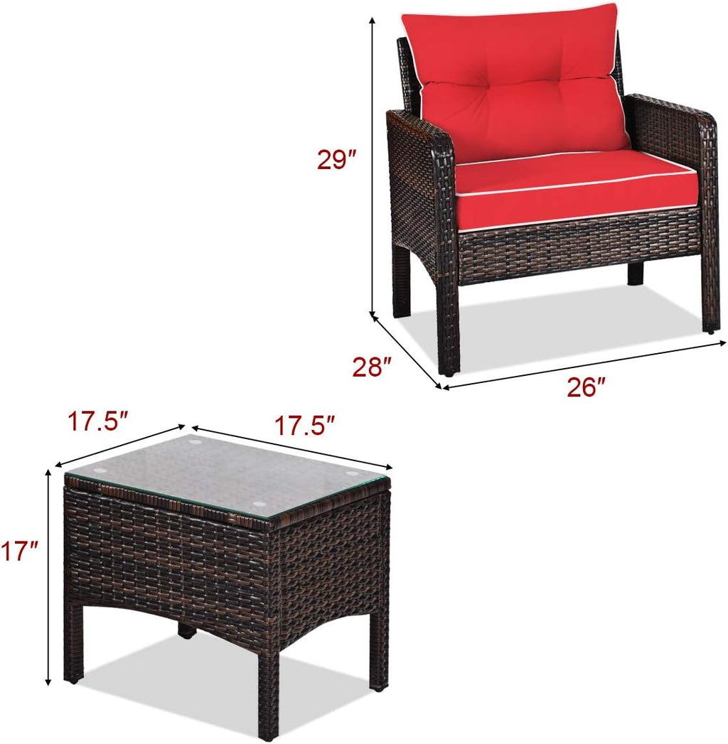 COSTWAY 3PCS Patio Furniture Set, Outdoor Wicker Cushioned Sofa Set with Coffee Table, All Weather Rattan Conversation Set for Garden Balcony Backyard Poolside Lawn, Red