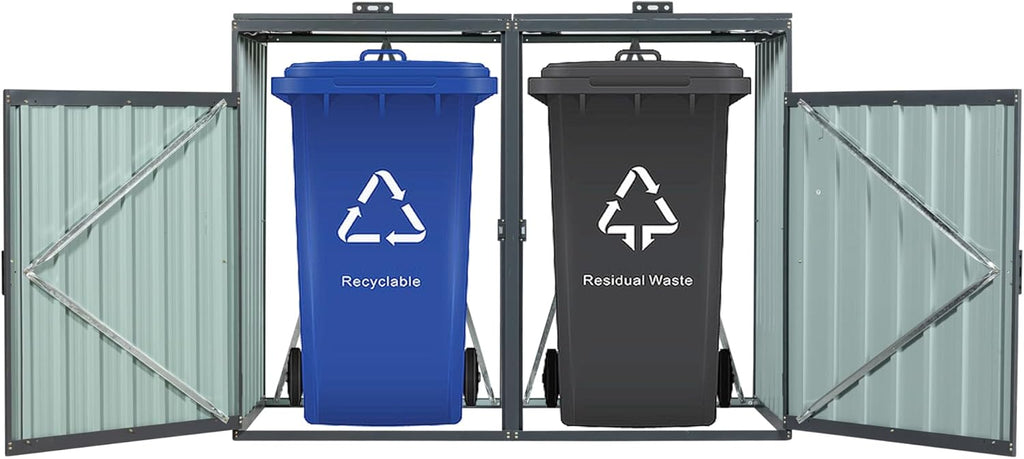 Outdoor Trash Can Storage, Garbage Bin Shed Stores 3 Trash Cans, Metal Outdoor Storage Shed for Garbage Cans, Garden Accessories, Backyard, and Patio Use, Lockable, Black